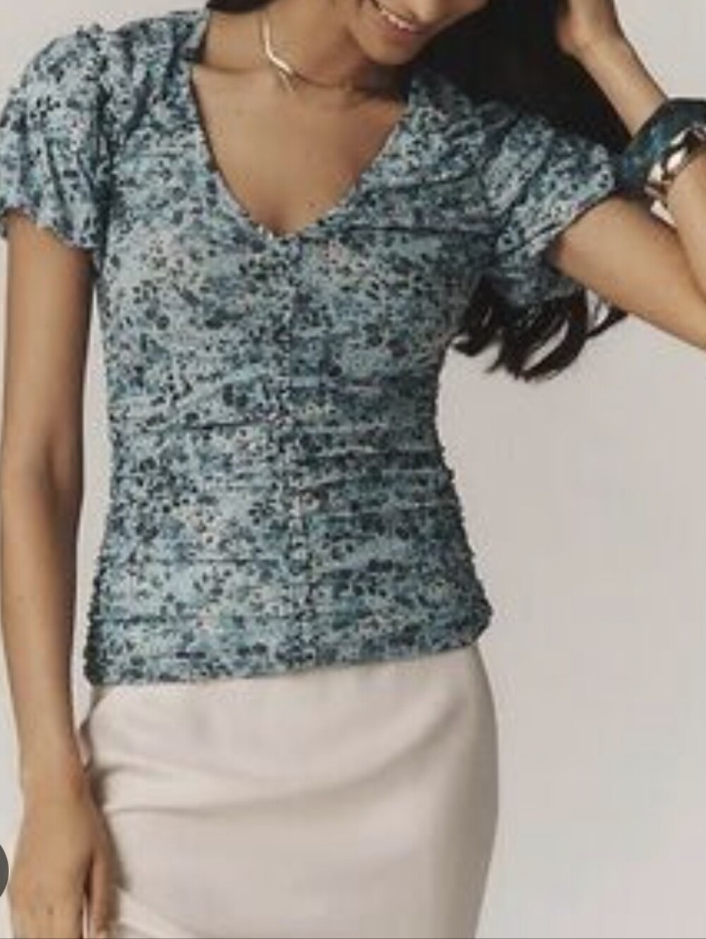 NWT Anthropologie Blue Floral Ruched V-Neck Top Short Sleeve Size M
